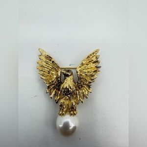 Vintage Ann Hand Liberty Eagle Faux Pearl Ruby Eye Pin Brooch 1.5" Signed .925